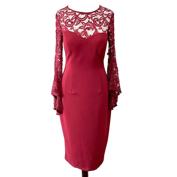 Red REBECCA B Lace Bell Sleeve Cocktail Dress sz 6 Burgundy Red NEW - Picture 6 of 8